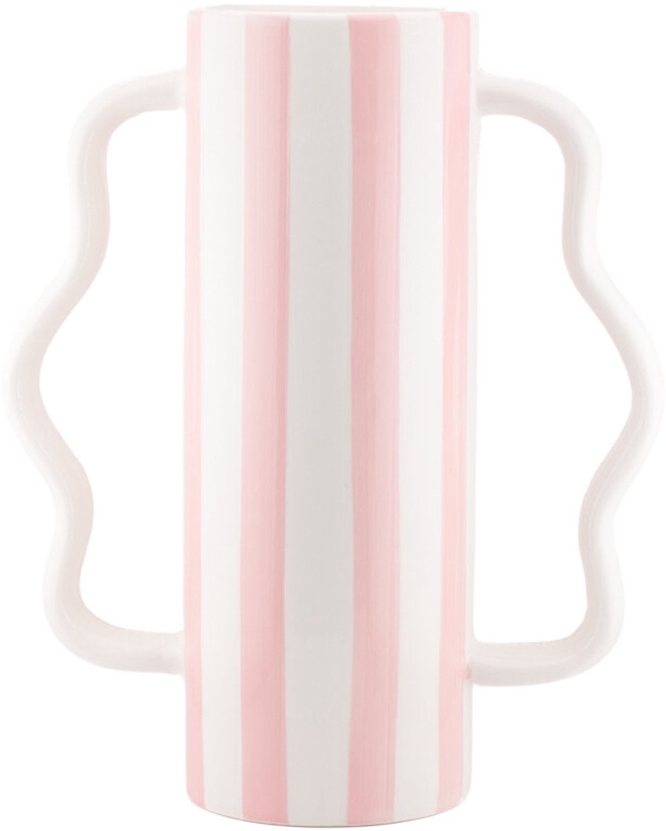 Aardewerk vaas met oren Stripe roze