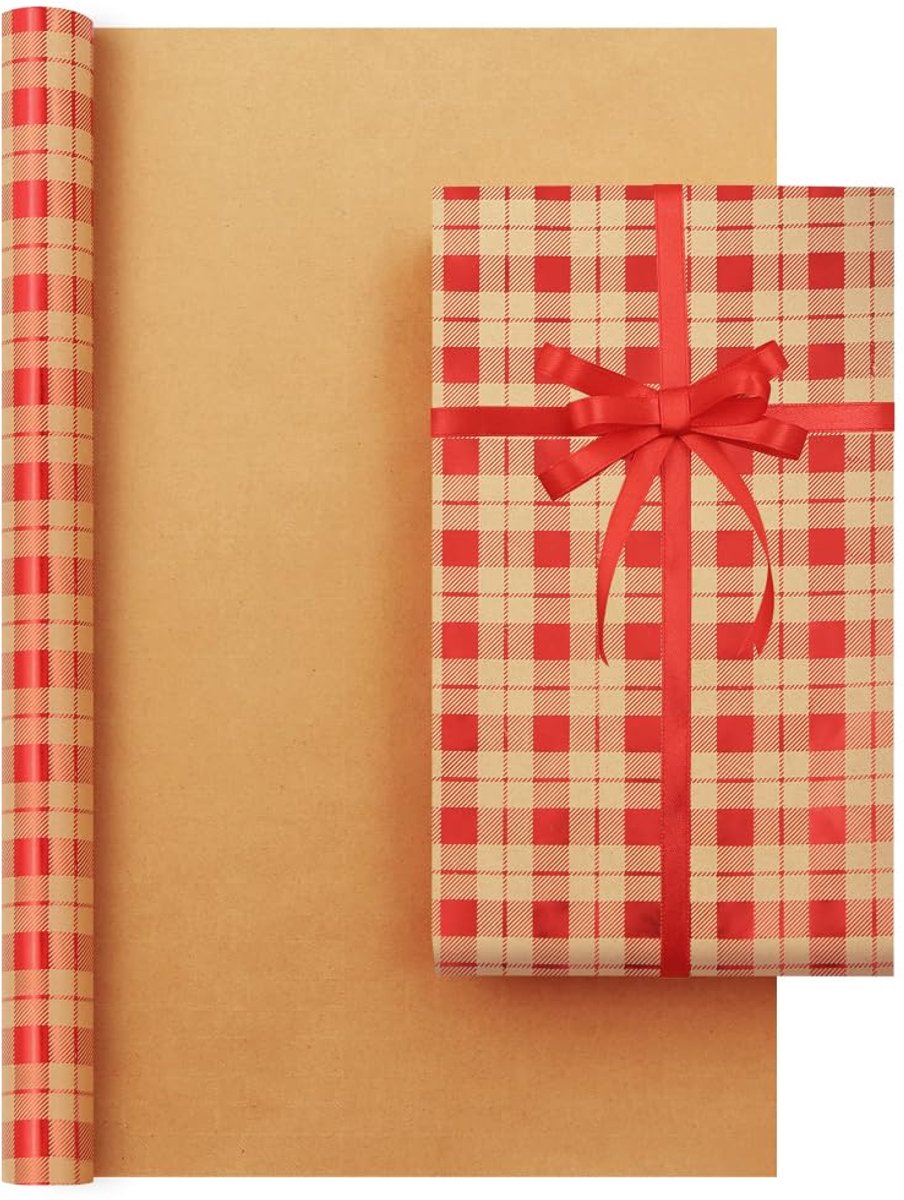 Famanu – Vintage geruite folie inpakpapier rol, 45 cm x 25 m, metallic kerst kraftpapier in bruin en rood tartan ontwerp