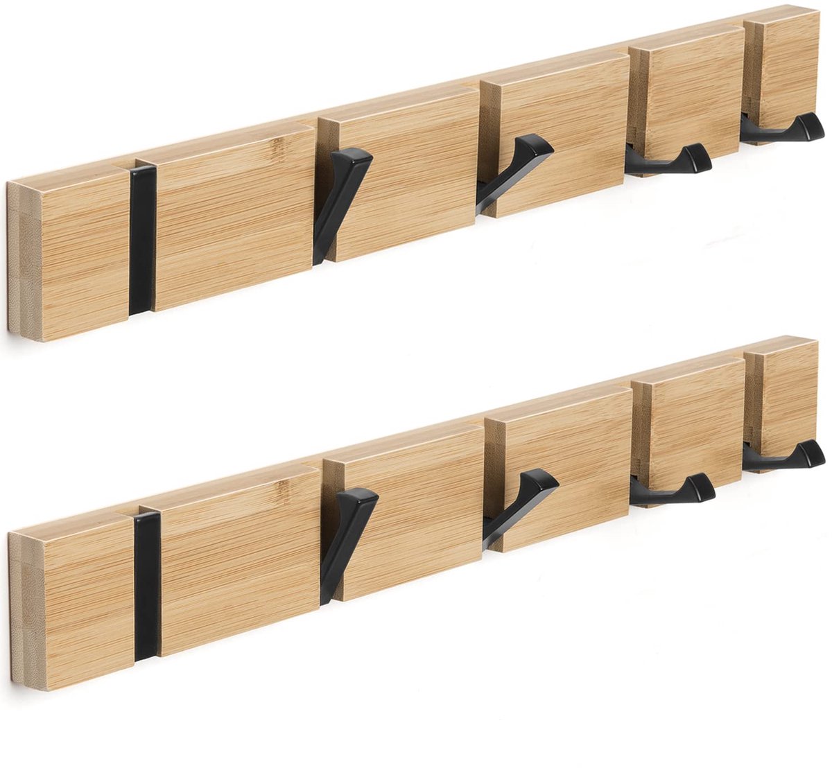 Famanu 2 stuks jashaken van hout, wandkapstok met opvouwbare kapstok en 5 haken voor jassen, hoeden en handtassen (42 cm Naturel