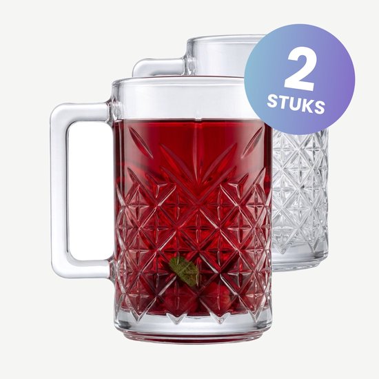 Set van 2 kristallen bierglazen met een decoratief ruitpatroon, 31 cl.
