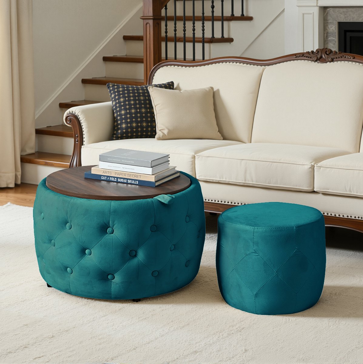 Wishdor Nesting-hocker 2er-set - Samt met opbergruimte en houten tray - Rond design voor binnen woonkamer slaapkamer - Blauw - 60 x 53 x 38 cm