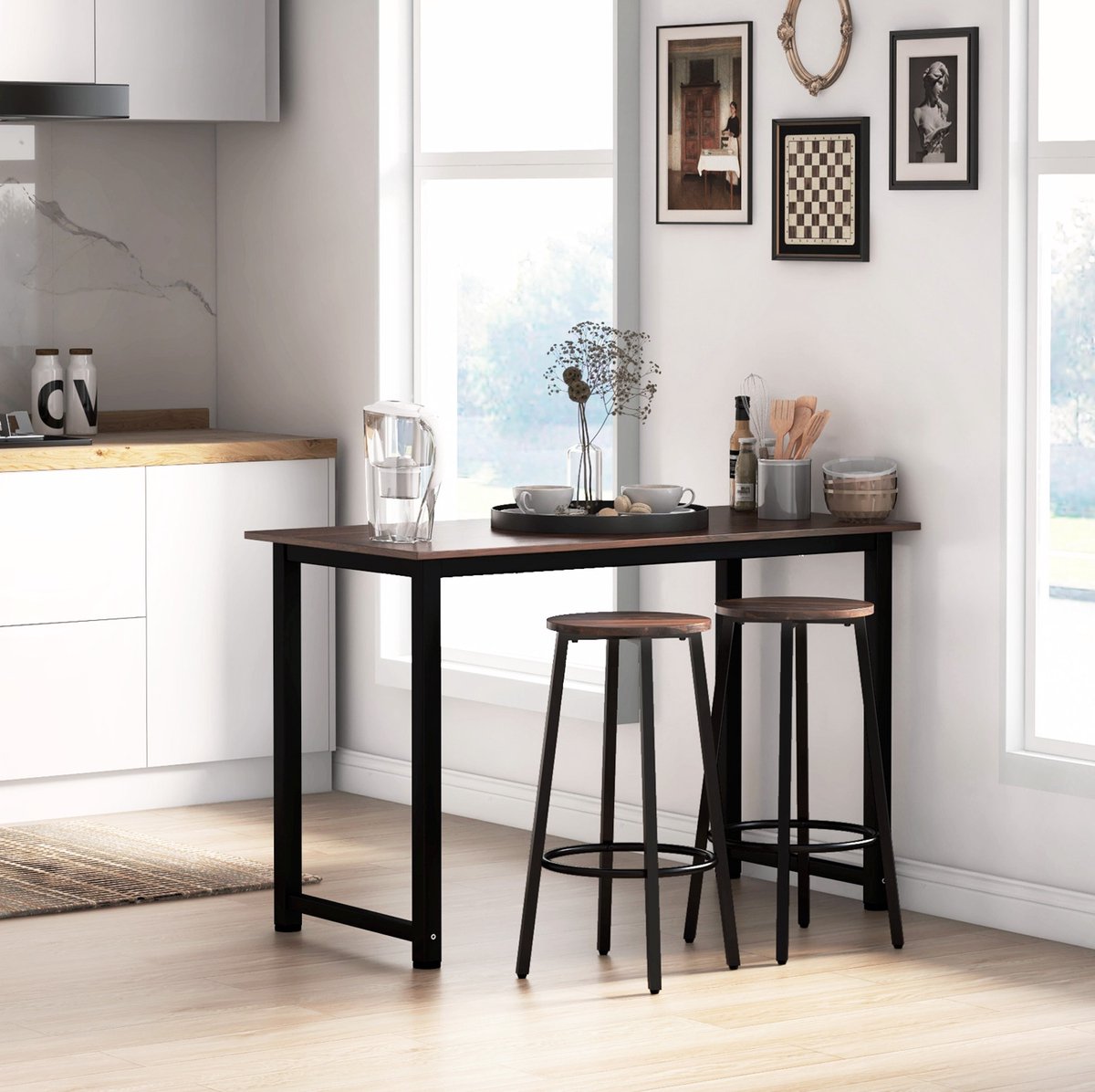 OKWISH Barkruk Set Van 2 – Industrieel Design Met Voetsteun – Voor Keuken En Eetkamer – Houten Zitting En Metalen Frame – Bruin