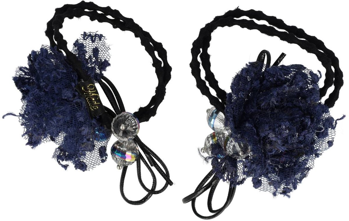 Haarsoires Haarelastieken – Bloem 4cm – Kanten Stof - Facetkralen – Blauw – Set van 2