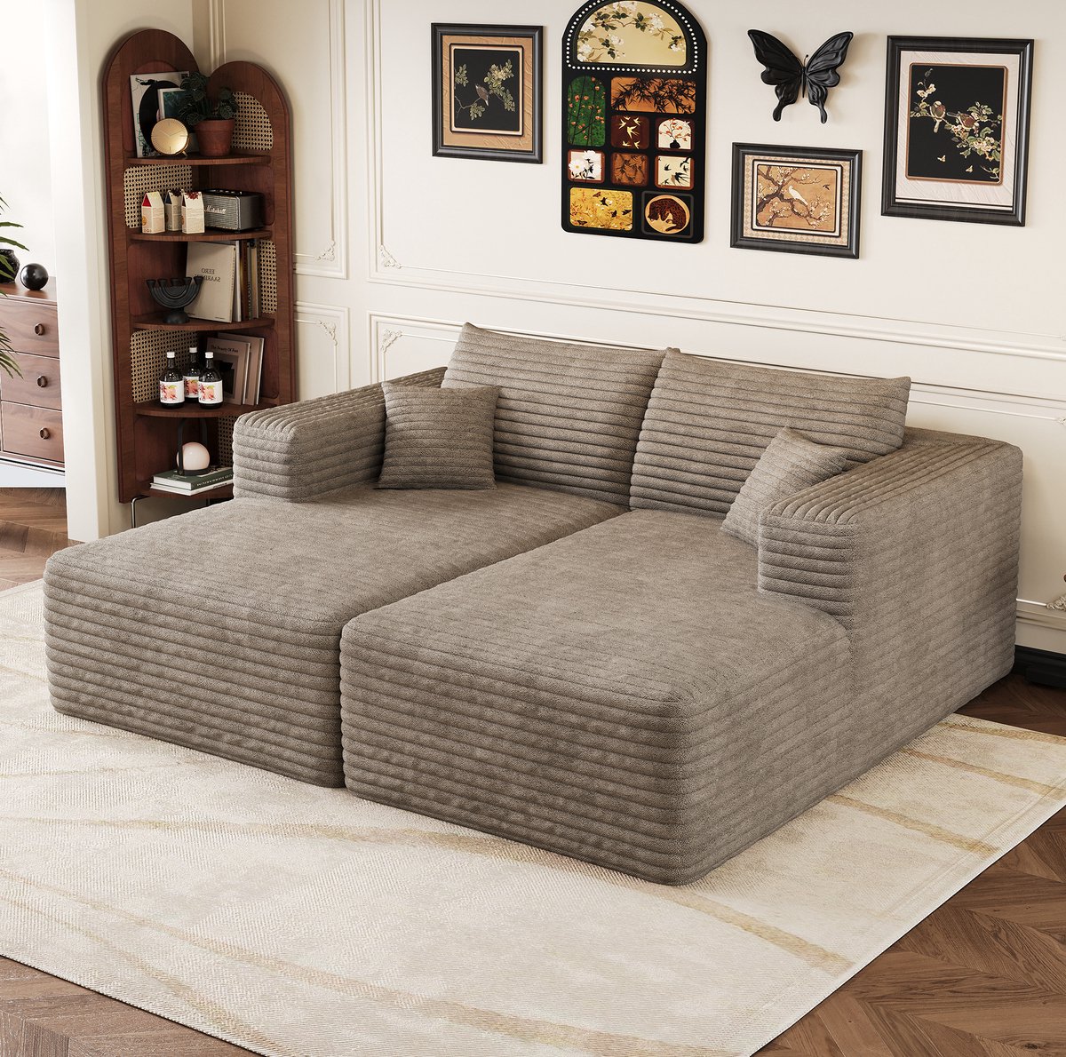 OKWISH Bank – 2-Zits Slaapbank 180 x 151 cm – Modulaire Corduroy Bank met Schuimvulling – Voor Woonkamer en Slaapkamer – Camel