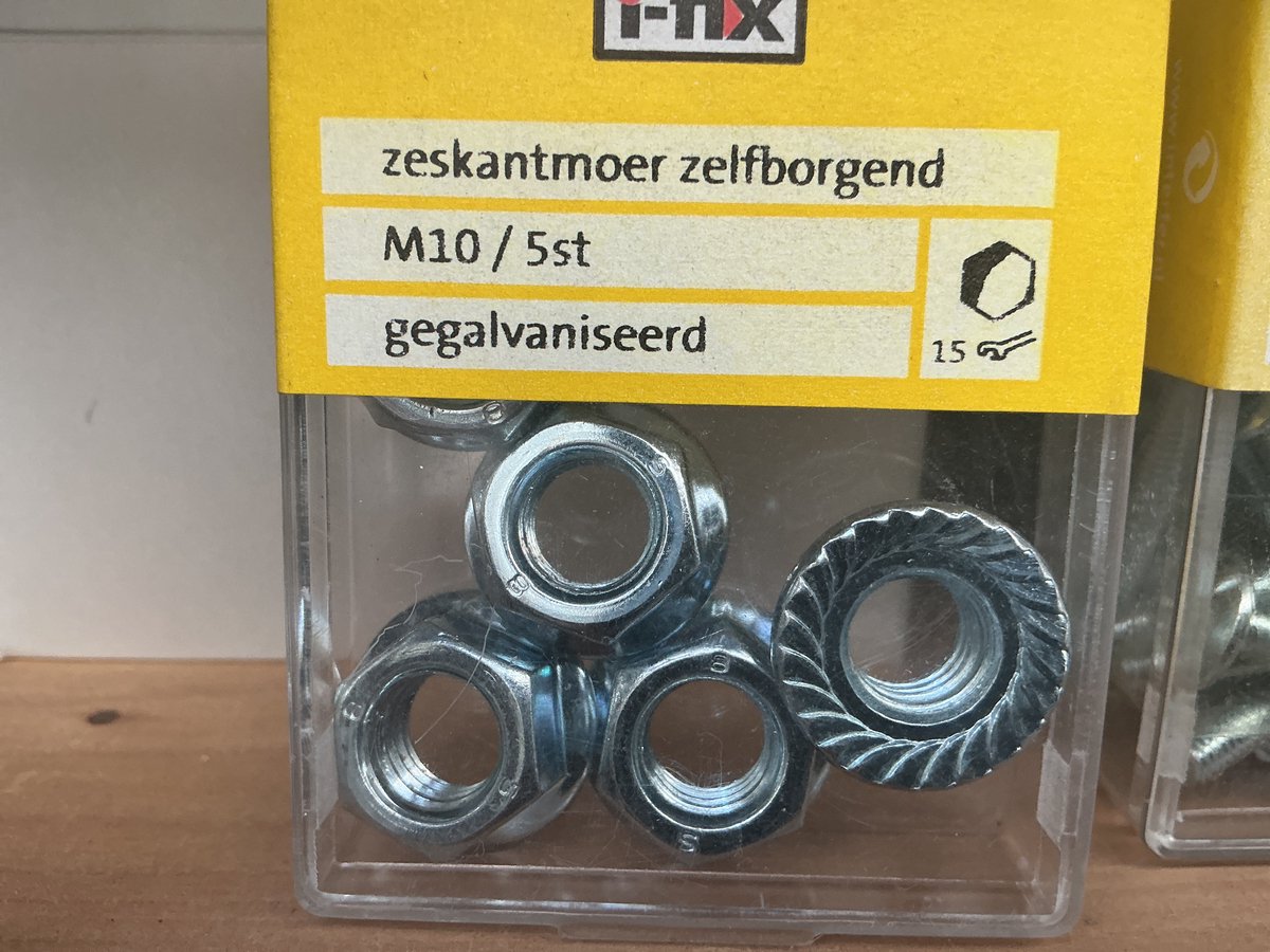 Zelfborgende moeren. M10. Verzinkt. 5 stuks Borgmoeren. Ifix.