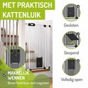 Wit traphekje met kattenluik. Illustratie toont het sluiten en openen van het luik.