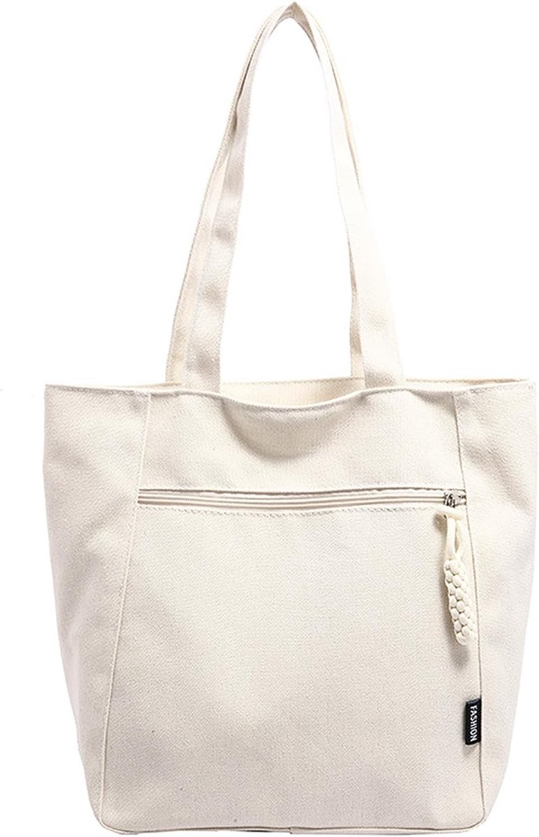 Canvas Schoudertas - Gebroken Wit - 36 x 32 x 14 cm - Duurzame Boodschappentas voor Dames - Voor Dagelijks Gebruik en Reizen