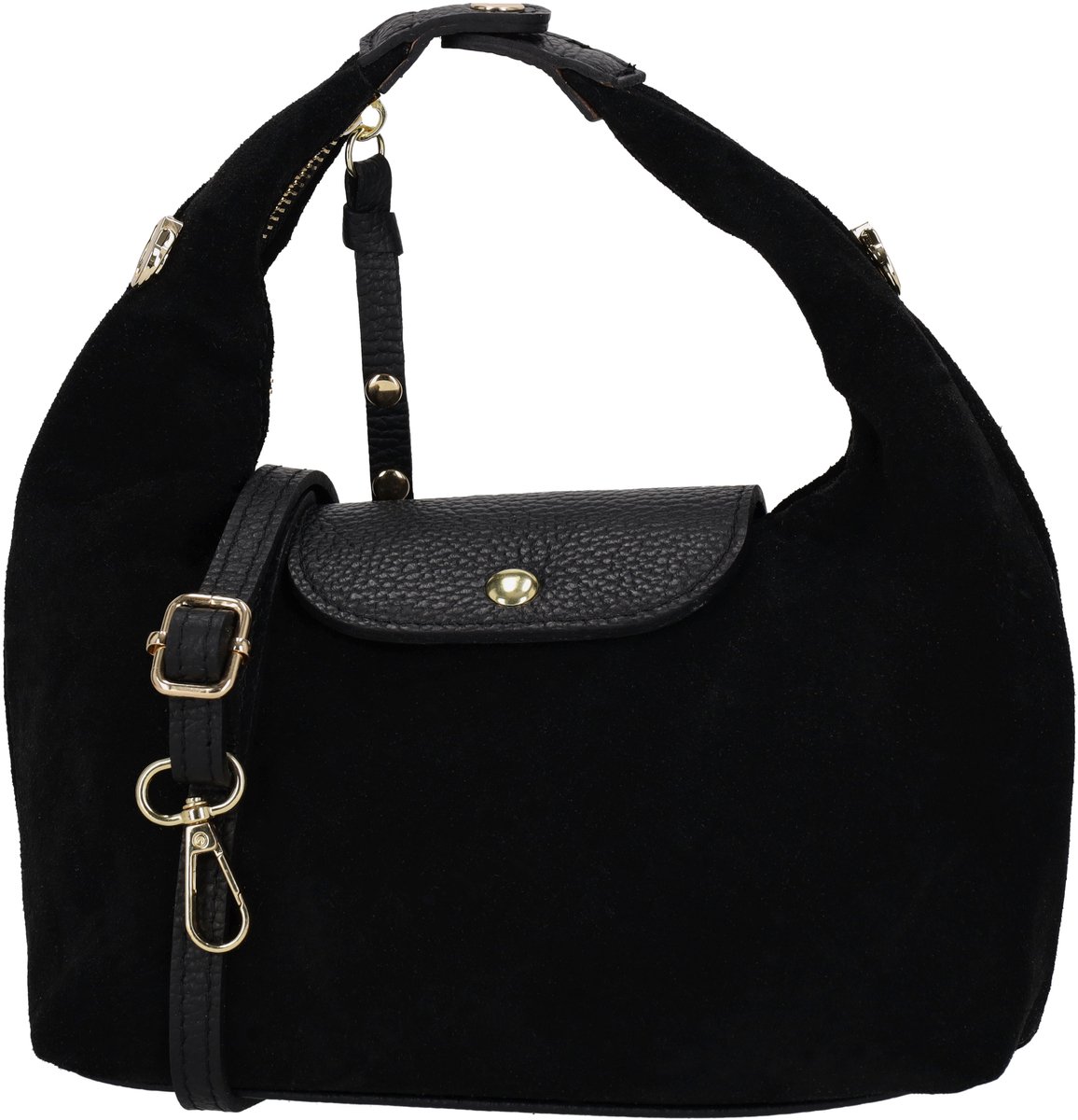 Charm London Vittoria Handtas - Suède Leer - Schoudertas - Afneembare Schouderband - Ritsvak - Magneetsluiting - Leren Dames Tas - Zwart