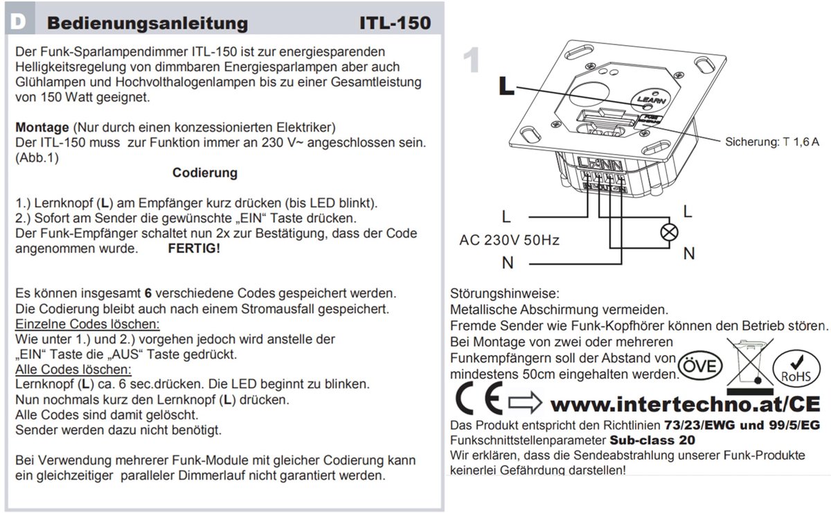 Intertechno ITL-150 Built-In Radio Energy-Saving Bulb Dimmer 150 Watt - ShopVlot