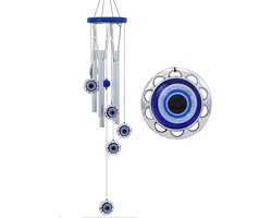 Blue Evil Eye windgong voor buitendecoratie - handgemaakte windgong voor tuin - terras - veranda - huisbescherming - uniek cadeau voor housewarming - verjaardag of spirituele decoratie (zilverblauw