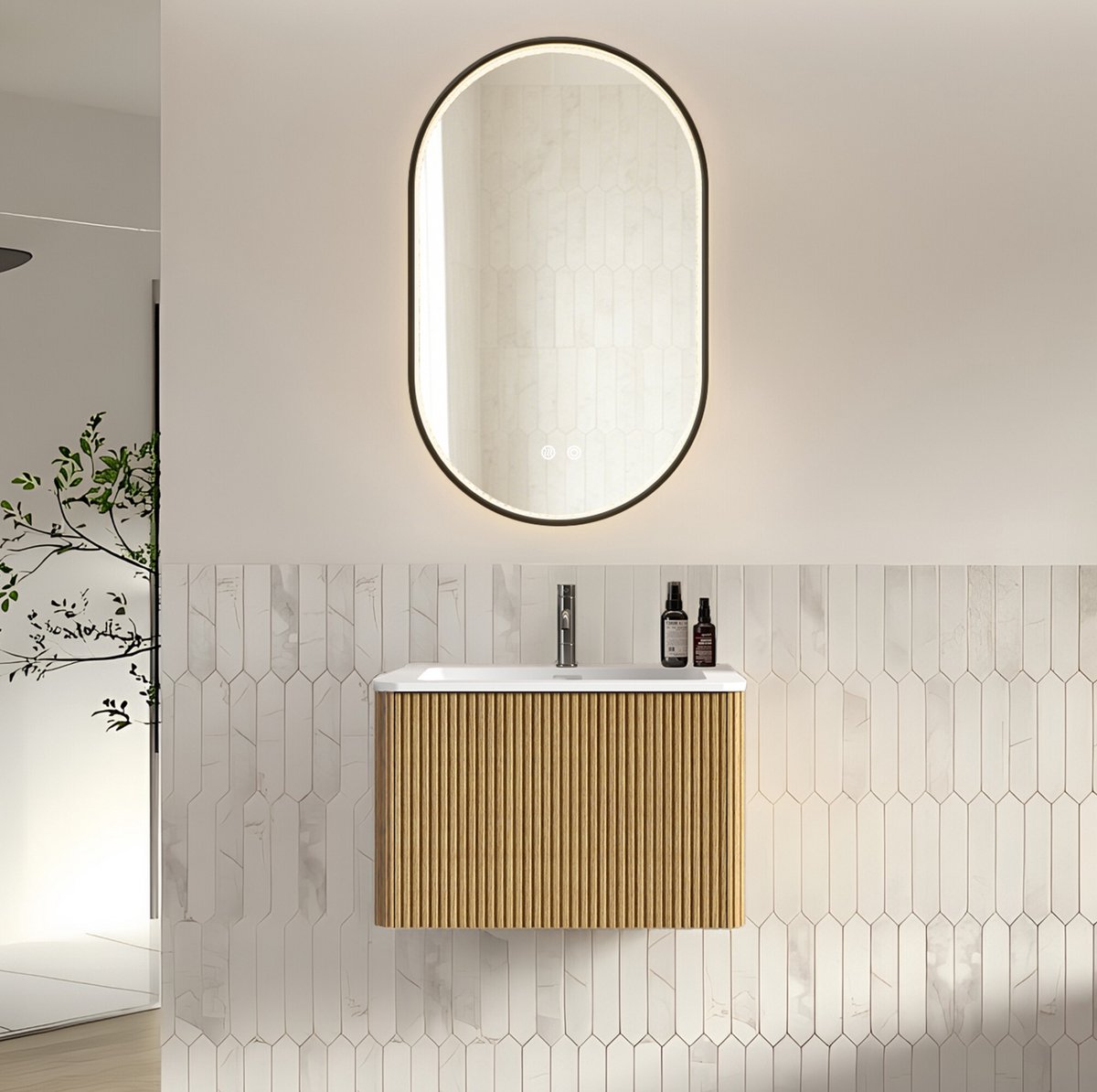 MIVRAY Dressoir - Badmeubelset Met LED Spiegel En Lade - Wandgemonteerd Voor Kleine Badkamer - Houtlook En Zwart - 60 Cm - Eikenkleur