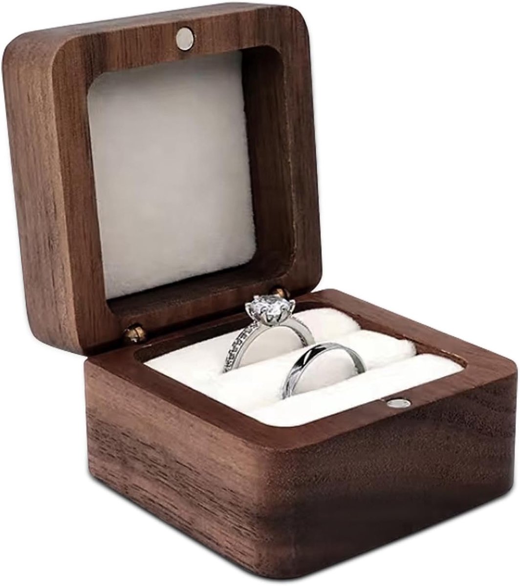 QTTVBTNA – Mini Ringdoos met Dubbele Gleuf – Vierkante Sieradendoos voor Trouwring en Verlovingsring – Ringhouder voor Bruiloft, Ceremonie en Geschenk – Wit