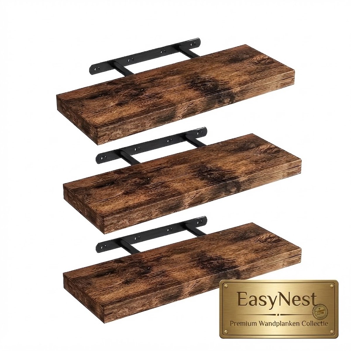 Wandplanken Set van 3 – 40 cm Zwevende Planken met Metalen Beugels – Houten Wandplanken voor Badkamer, Slaapkamer, Keuken en Woonkamer