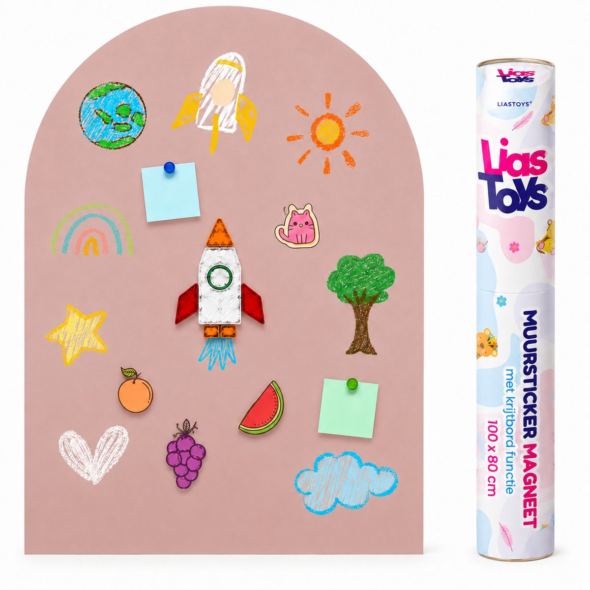 LiasToys Magnetische Muursticker met Krijtbordfunctie – 100 x 80 cm – Magneetbord Muurboog – Camel Pink — afbeelding 5
