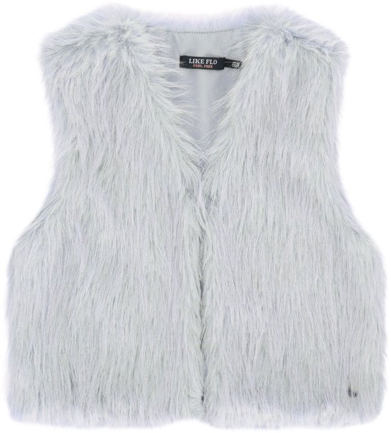 Lichtblauwe meisjes namaakbont gilet met v-hals.