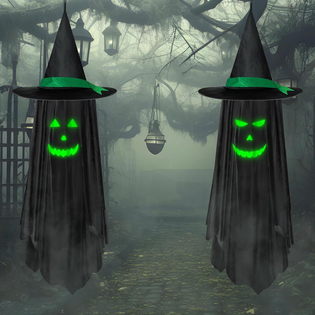 Set van 2 Halloween-hangdecoraties voor buiten met oplichtend gezicht in het donker - Spookachtige Halloween-hangdecoraties voor buiten, geschikt voor tuin, boom, veranda en gazon.