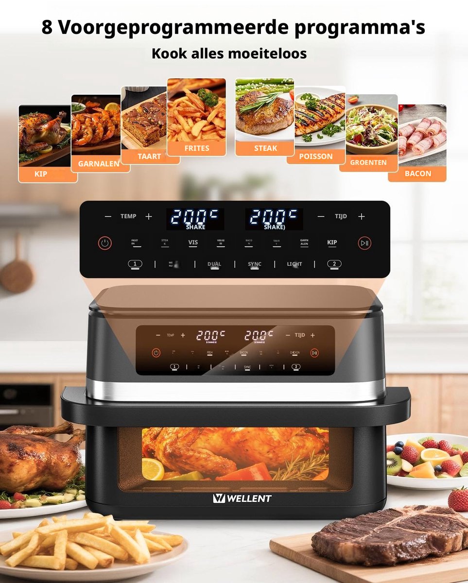 WELLENT Dubbele Airfryer - 2x6L - 12 liter - 2 manden - Airfryer XXL - Touchscreen - Kijkvenster - 8 programma's - 2950W thumbnail 6