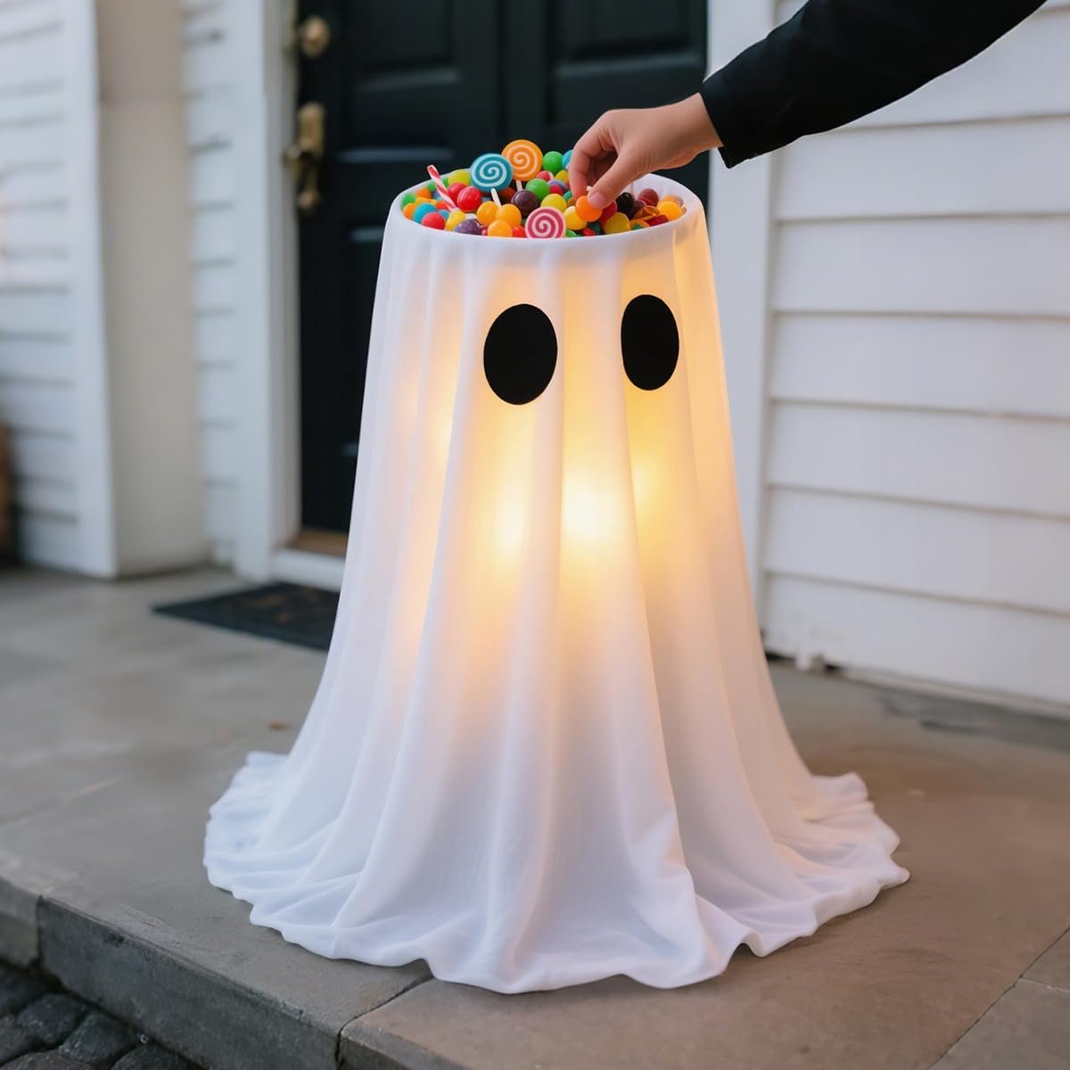 Halloween Snoepkom met Bewegend Spook, USB-Aangedreven, 8 Lichtstanden en Afstandsbediening, LED-Verlichting, Snoepbak voor Trick-or-Treat, Halloween Decoratie voor Binnen en Buiten, Tuin, Veranda en Deuropening
