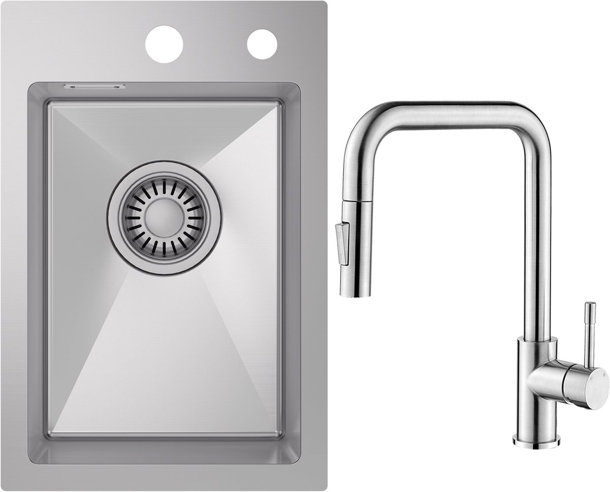 CECIPA Max Spoelbak 30x45 cm - Spoelbak Keuken Met Premium Keukenkraan - Kleine Spoelbak RVS - Spoelbakken Keuken - Spoelbak Met Verstelbaar Mandje - Met Afdruiprek