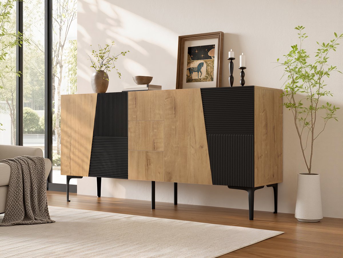 FloraGrace Dressoir Met 4 Deuren En 3 Lades Verstelbare Planken En Anti Kantel Voor Woonkamer En Eetkamer Houtlook Zwart 160x40x80 Cm Naturel+Zwart