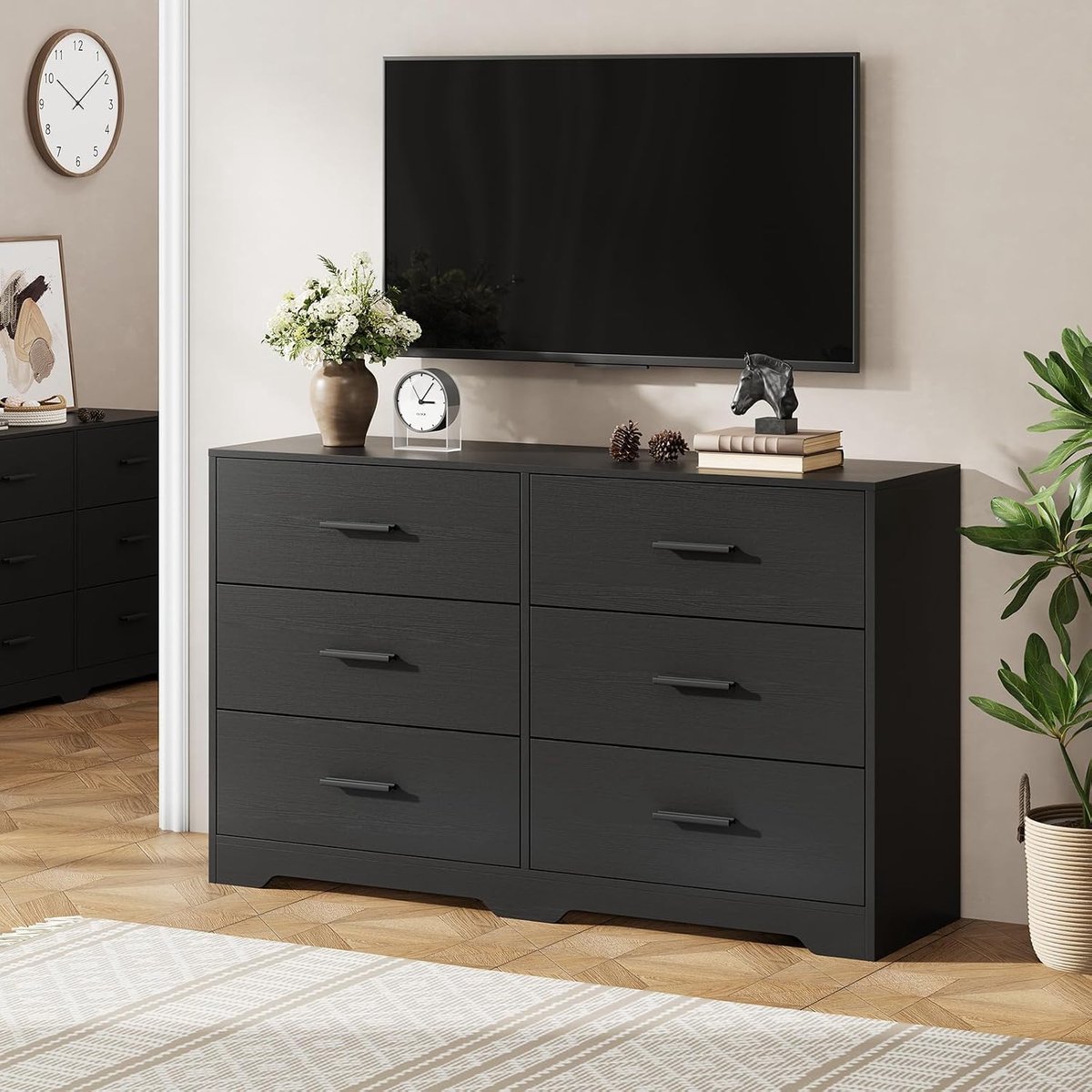 Slaapkamerkast met 6 laden, grote capaciteit - Houten opbergkast, metalen handgrepen - Kledingkast voor baby-/kinderkamer, kleedkamer, woonkamer/hal - Zwart