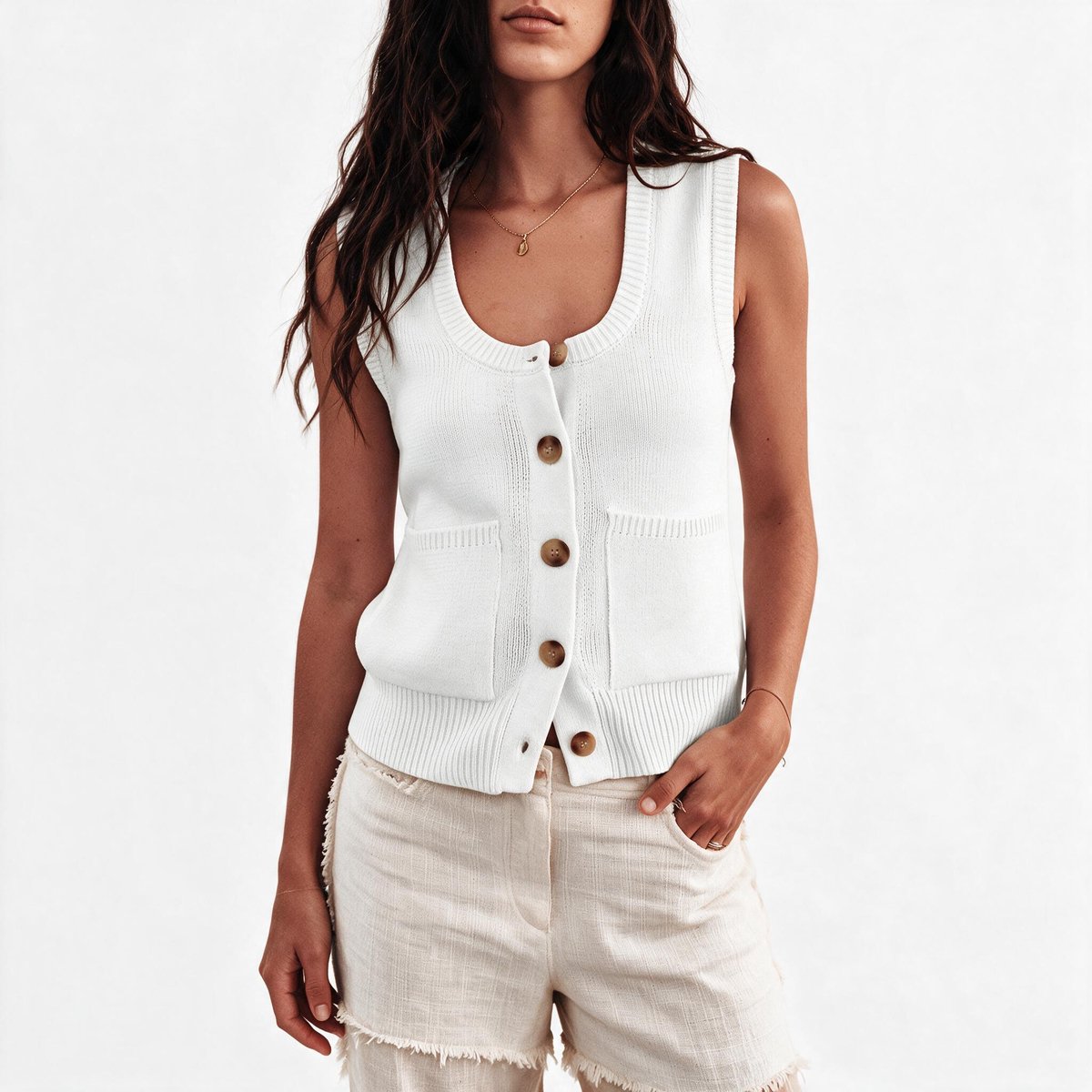 Imily Bela Dames Gebreid Gilet met Ronde Hals en Knopen