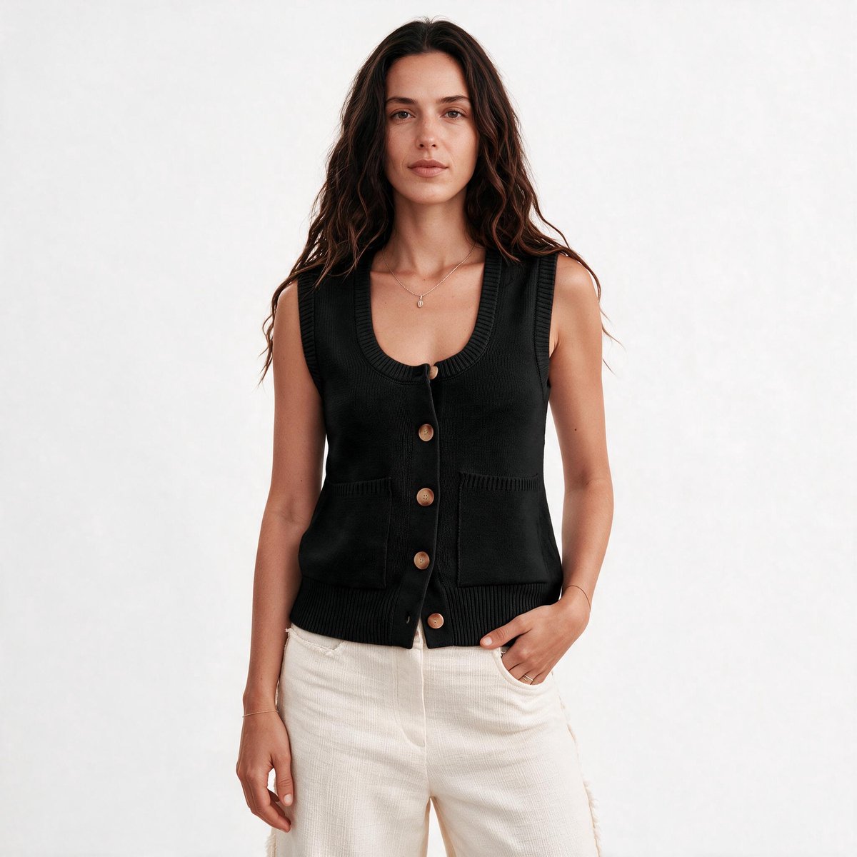Imily Bela Dames Gebreid Gilet met Ronde Hals en Knopen