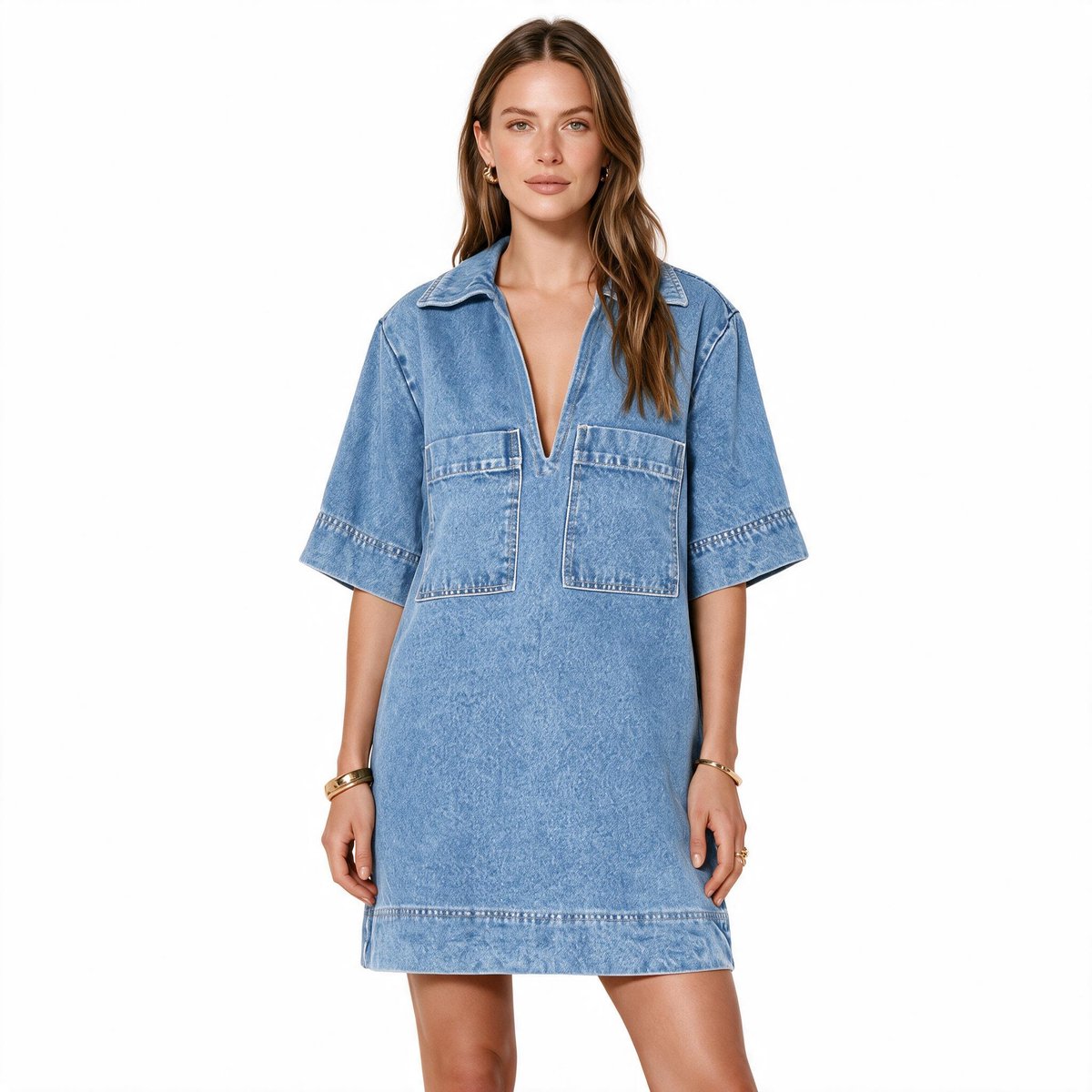 Imily Bela Dames Denim Mini Jurk met Kraag en Korte Mouwen