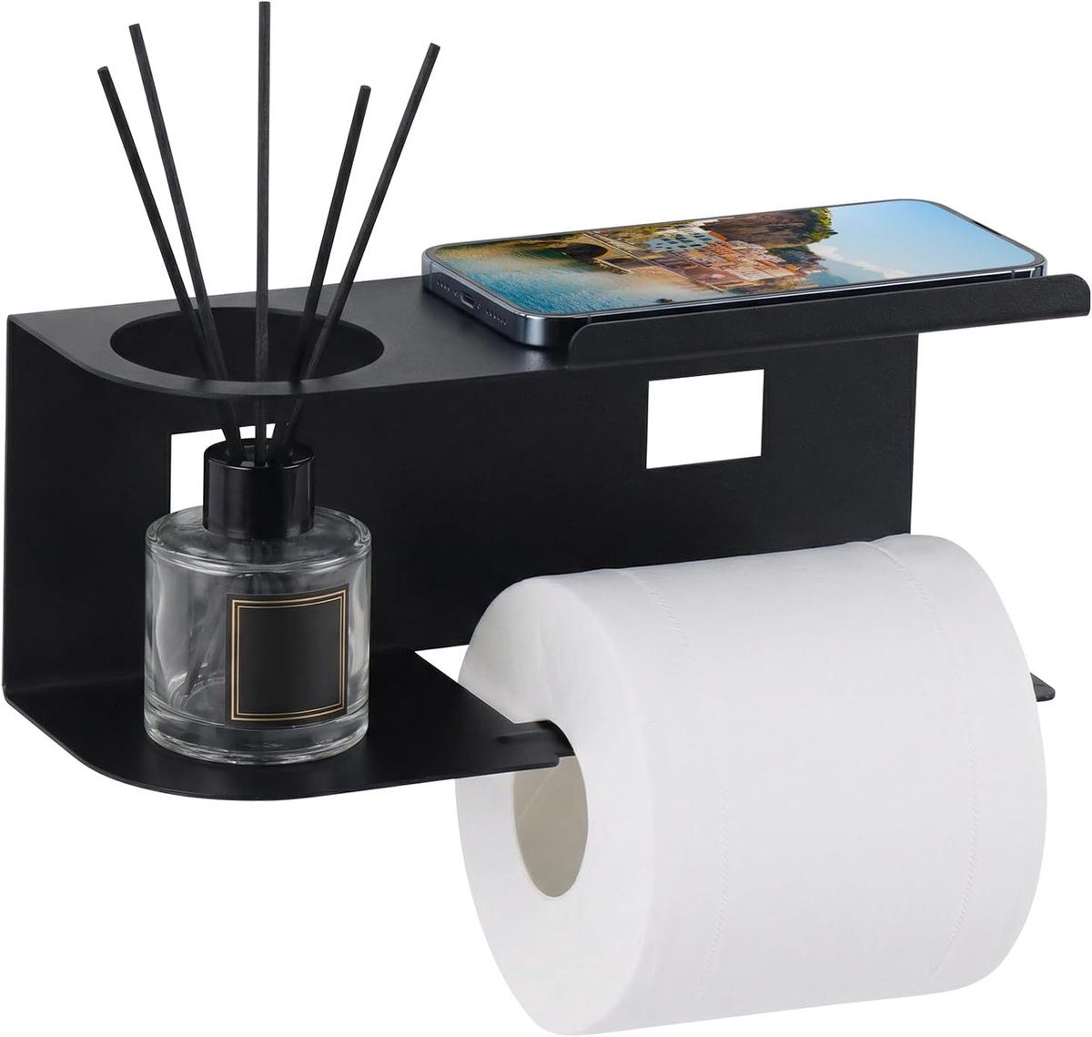 Zwarte multifunctionele wand toiletrolhouder met opbergblad en bloemenhouder, afmeting 23×8×8,3cm, boorloze zelfklevende papierrolbeugel voor telefoon accessoires badkamer toilet