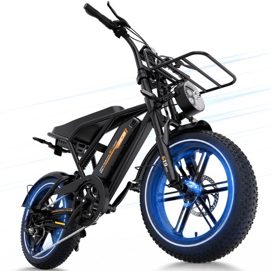 Zwarte RCB G19 Mini elektrische fatbike met dikke banden, mandje en blauwe velgverlichting.