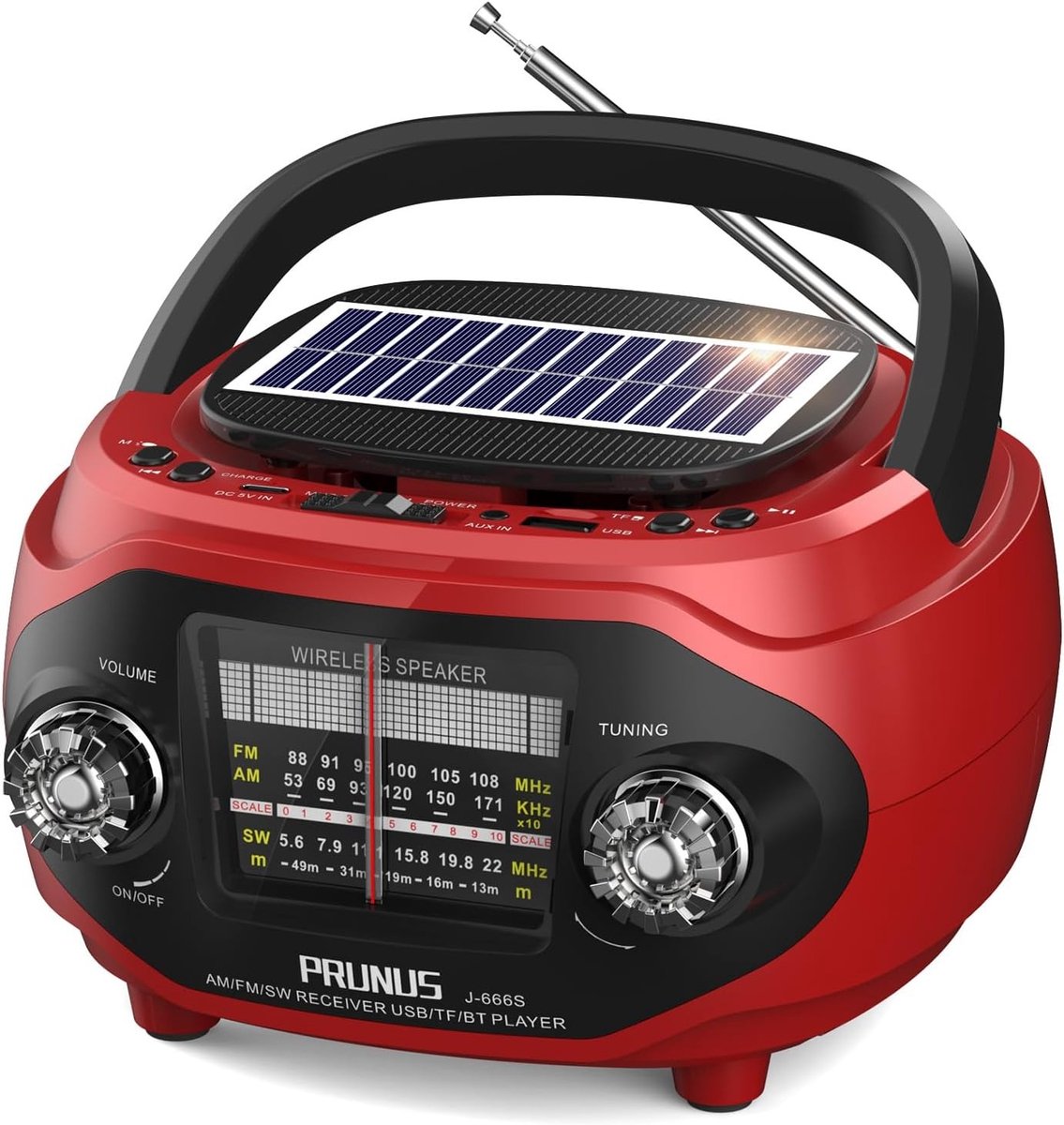 Draagbare Retro Vintage Radio - Rood - 19,4 x 19,4 x 12 cm - Oplaadbare Radio met Bluetooth 6.0 en Zonnepaneel - Voor Kamperen en Buitenactiviteiten