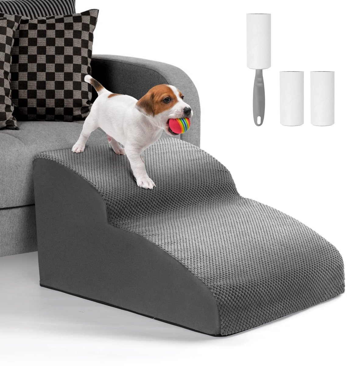 Famanu – Hondentrap voor kleine honden met 2 treden, huisdiertrap van spons voor bank of bed, afneembare en wasbare overtrek, ideaal voor katten en honden, grijs