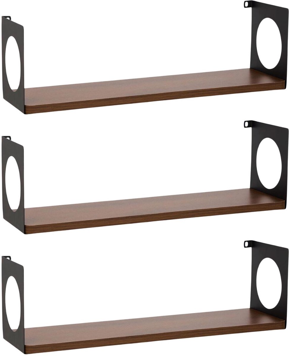 Ostaria Wandplank Romeo - 3x - hout/zwart - MDF/ijzer - 50 cm - boekenplank - hangplank