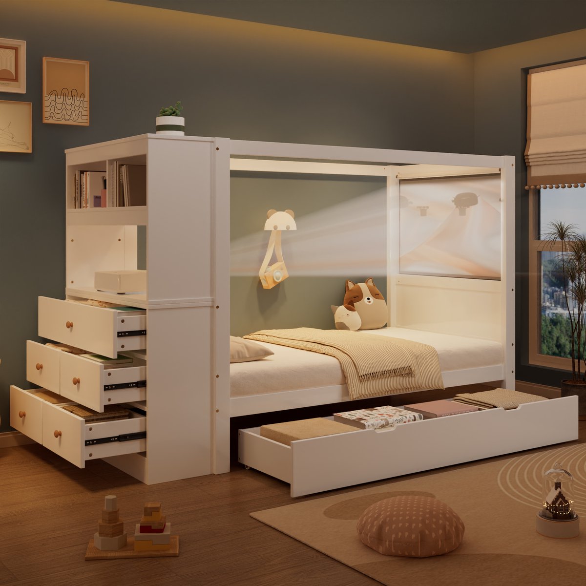 Sweiko Kinderbed - 90x200 cm - met Bureau - 7 lades - Boekenplank - Grenenhout + MDF - Wit
