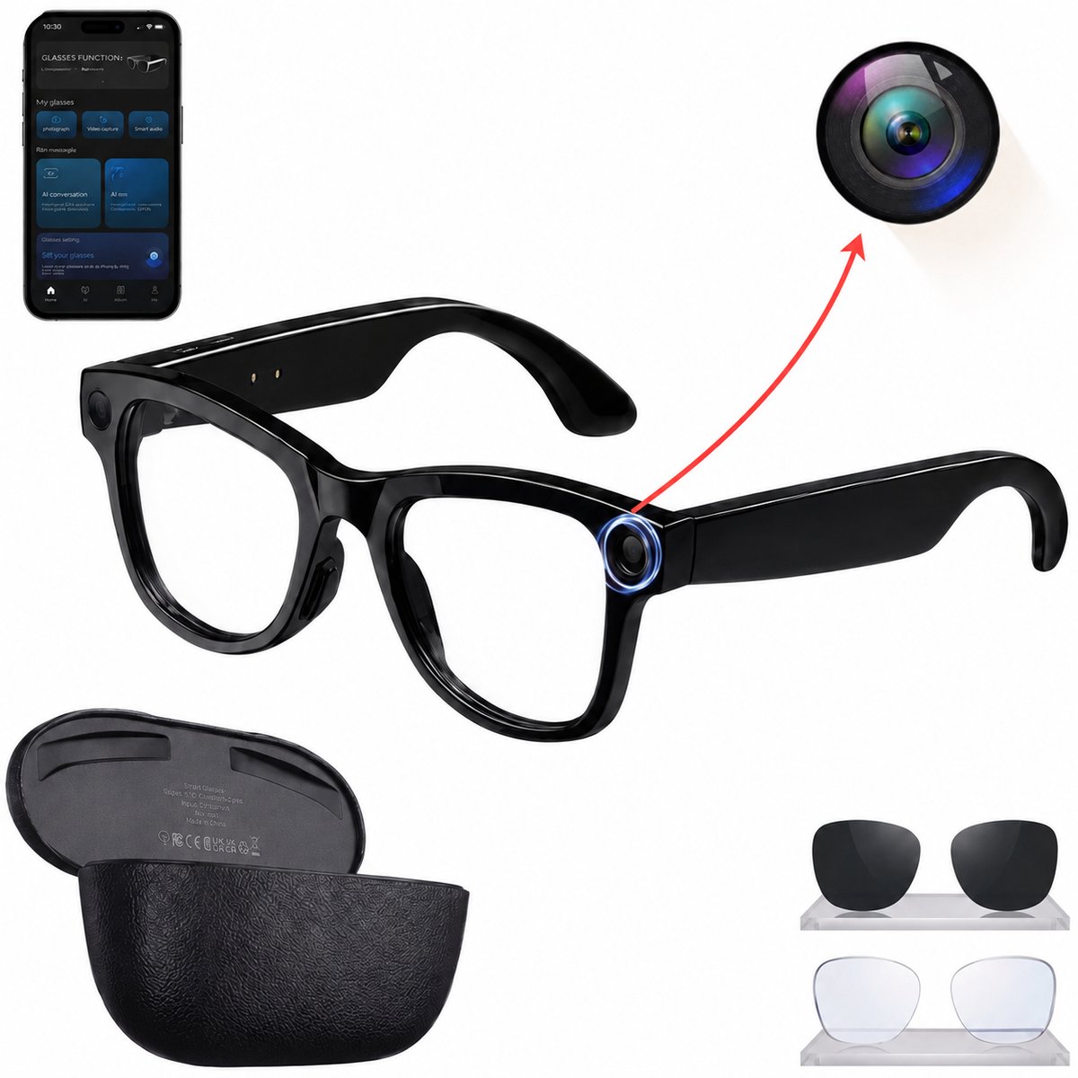 Camera Bril met Oplaadhoes – Sony 8MP 4K HD – 3600mAh Lange Batterijduur – Slimme Bril met Verborgen Camera – Smart Glasses met NL-app, Vertaalfunctie & Muziek – Spy Camera – AI bril