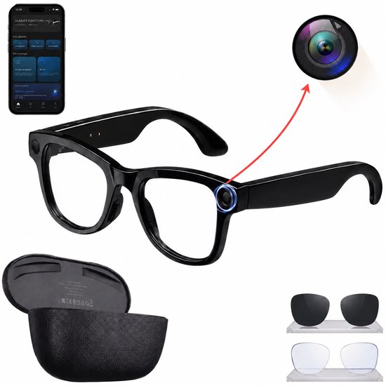 Zwarte bril met camera, oplaadcase, app op telefoon en extra lenzen.