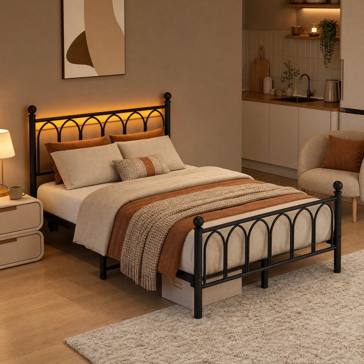 MIVRAY Bed 120x200 cm Zonder Matras - Metalen Bedframe met Vintage Hoofd en Voeteneinde, LED Verlichting en USB Oplaadpunt - Opbergruimte - Zwart