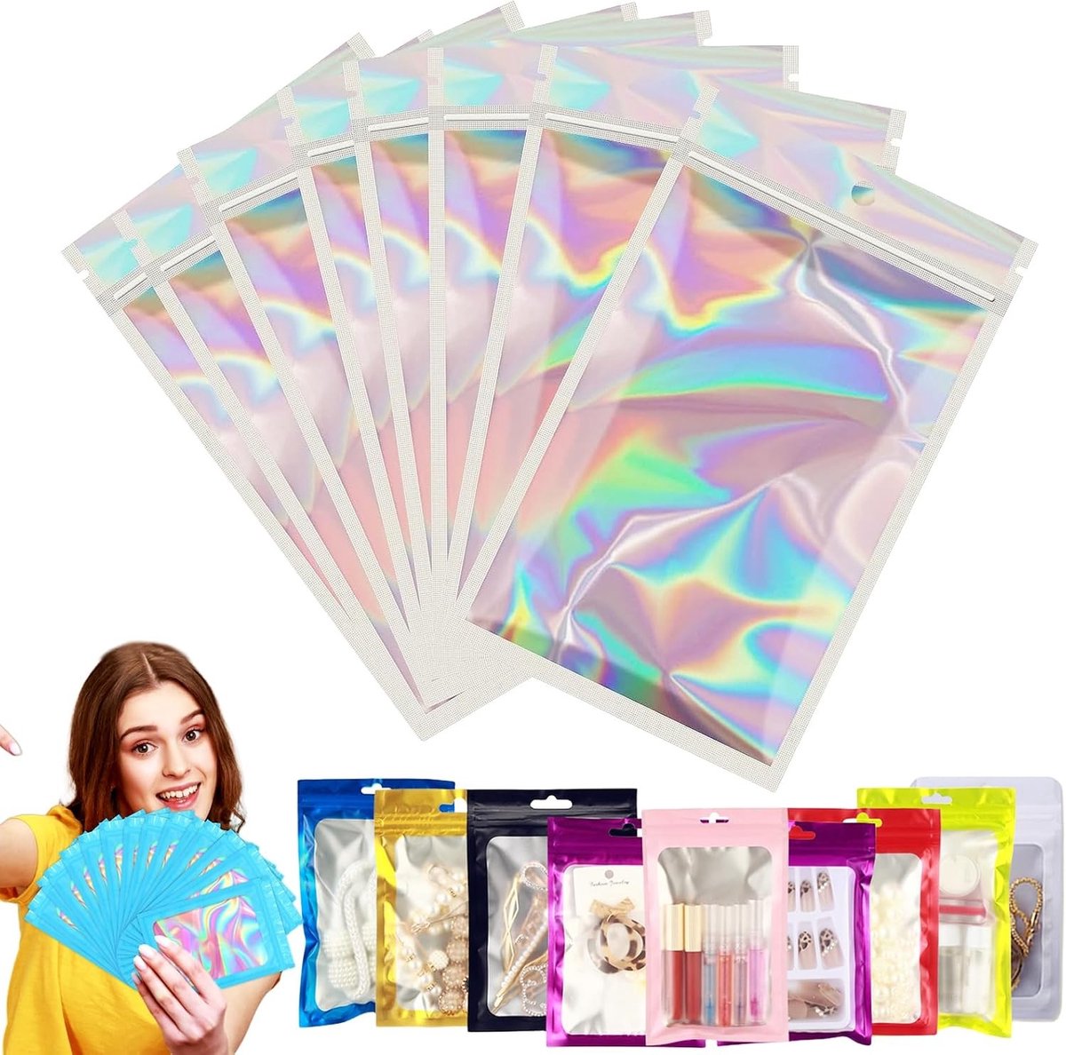 Kleine geurresistente mylar holografische ziplock zakken, 100 stuks 9x12 cm hersluitbare opslagzakken voor voedsel, sieraden en elektronica