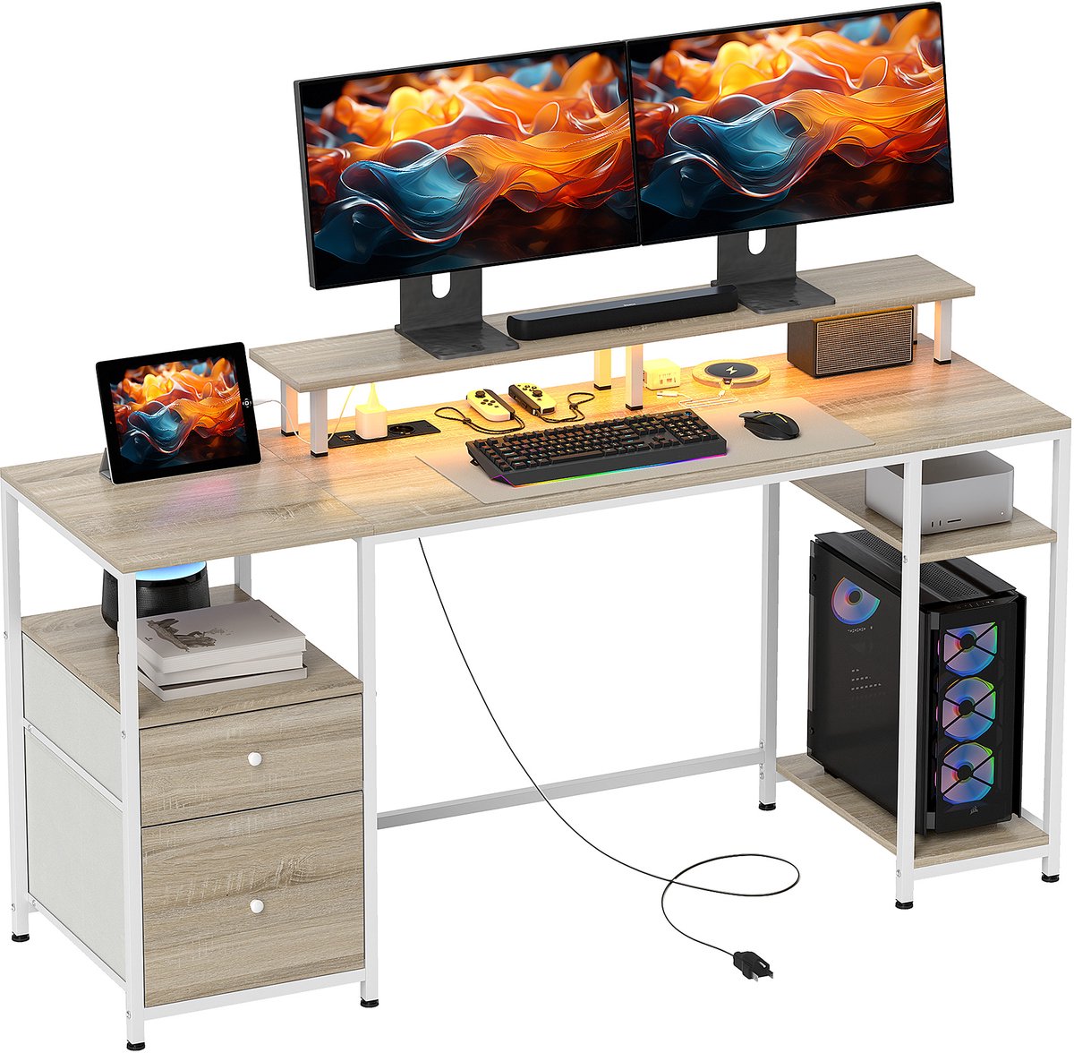 Bureau - Met 3 Opbergvakken - Bureau met LED Verlichting - 2 Lades - Natuurlijk hout