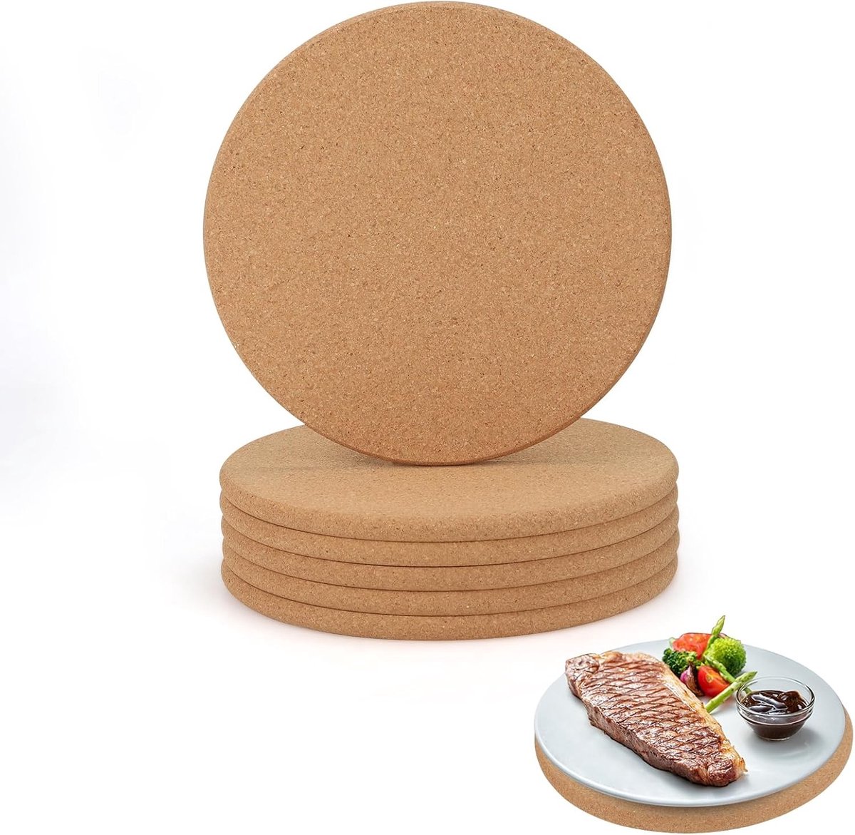 Set van 6 ronde kurken onderzetters van 20 cm - Natuurlijke kurken onderzetters voor pannen, potten en planten - Warmtebestendige bescherming voor keuken en huishouden
