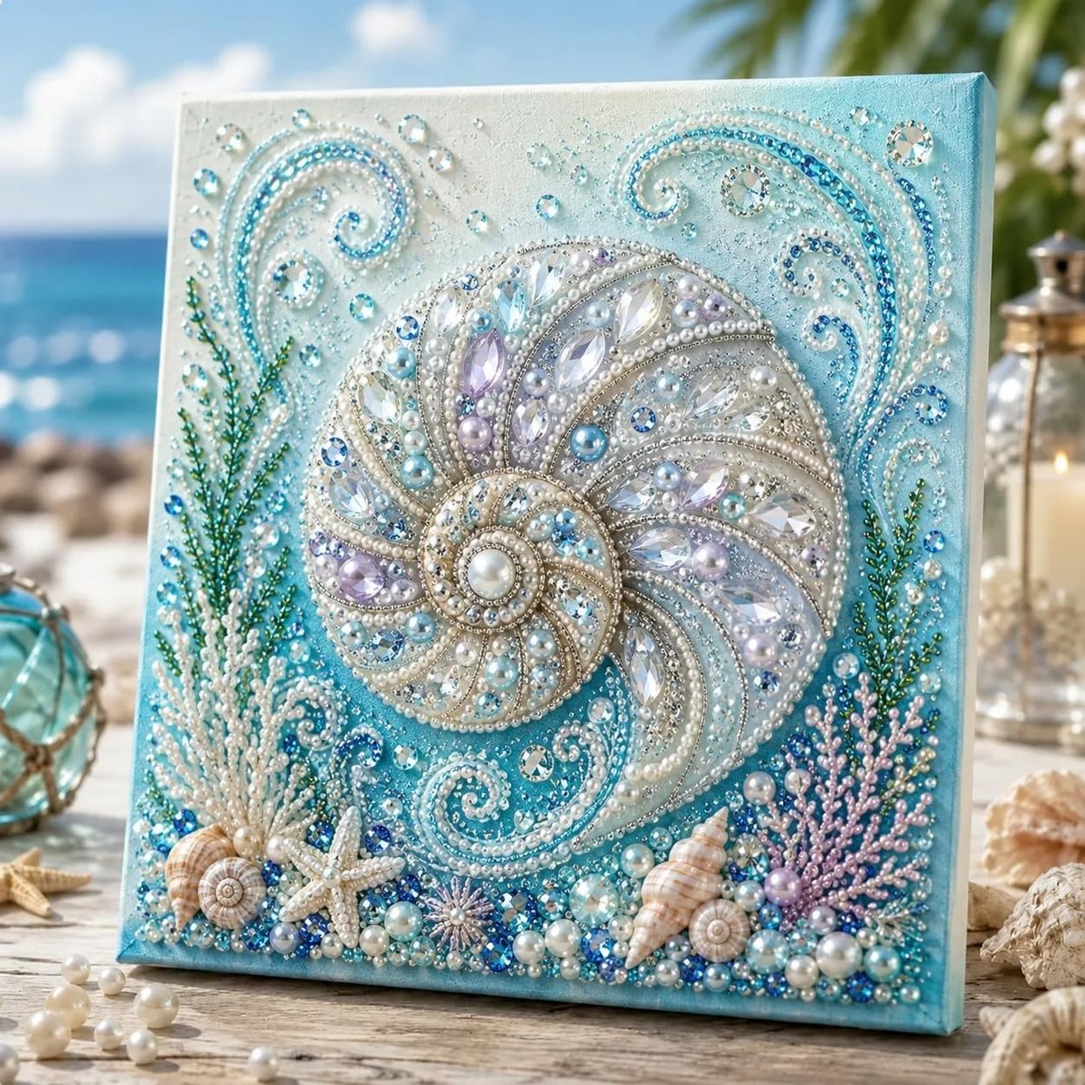 Casalora® 3D Diamant Schilderij DIY Kit Oceaan Parel – Diamond Painting Set met Lijst – Creatieve Hobby voor Volwassenen & Beginners – Wanddecoratie Cadeau – 20 x 20 cm