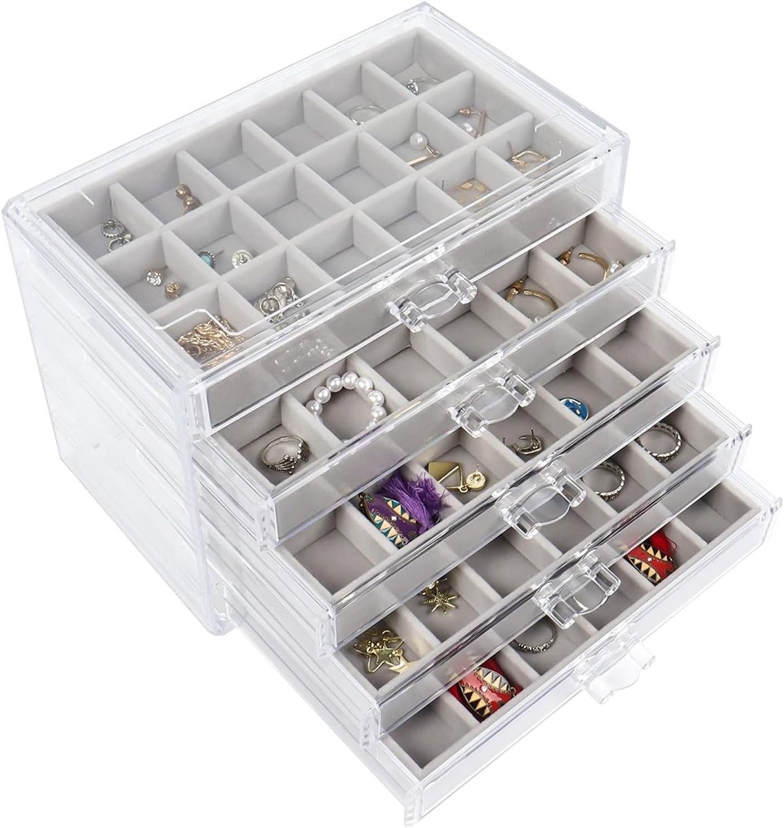 Sieradendoos - Grijs - 5 Tiers - Doorzichtige Acryl met Fluwelen Binnenkant - Voor Vrouwen