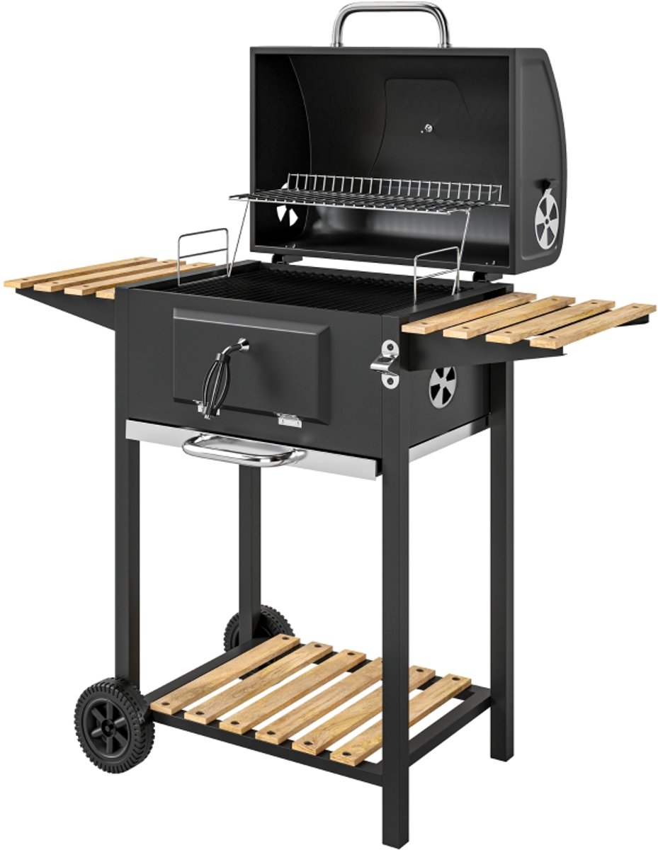 Barbecuewagen 112 × 58 × 107 cm zwart metaal, barbecue met thermometer en wielen, verplaatsbaar, met opbergrek, stabiel en duurzaam, praktisch en mooi, geschikt voor tuin, terras en buitenbarbecue