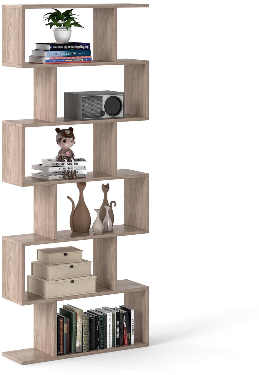 Famanu – Boekenkast met 6 niveaus, staandrek en ruimteverdeler, vrijstaand opbergrek voor woonkamer en slaapkamer, grijs, 80 x 23 x 192 cm