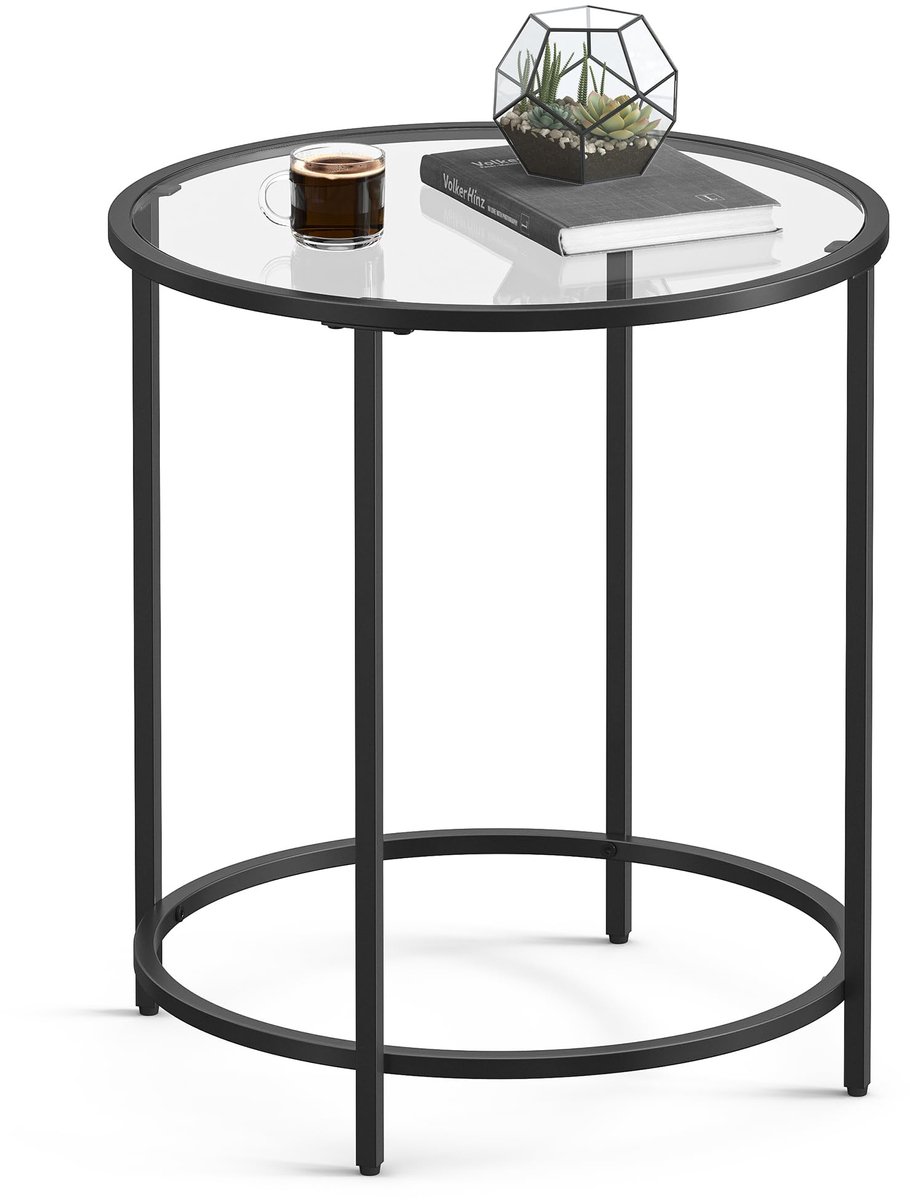 Famanu – Bijzettafel rond van glas met metalen frame, afmetingen 50 x 50 x 55,3 cm, geschikt voor elke woonkamer