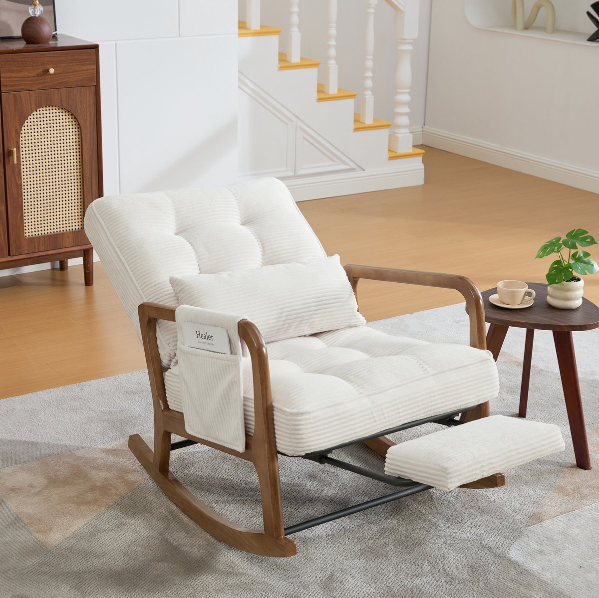 MODENUIT Schommelstoel 70 x 80 x 92 cm - Verstelbare Rugleuning En Voetensteun - Woonkamer - Hout - Beige