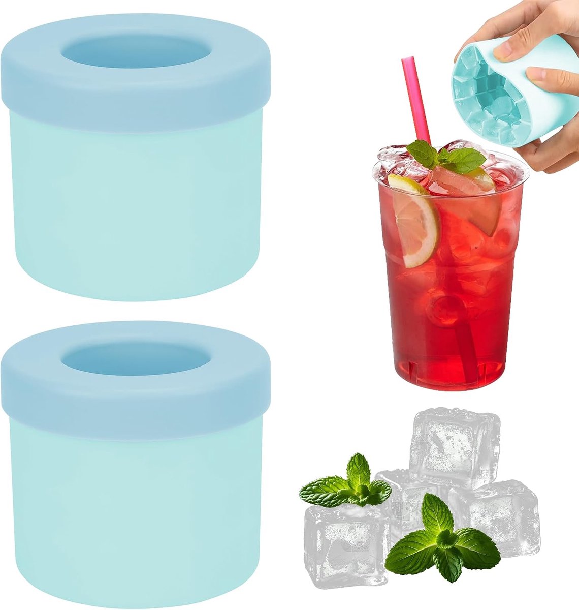 2 stuks - Silicone cilindrische ijstraat - Eenvoudig afneembaar ijstraat - Kopjes ijstraat - Geschikt voor cocktails, whisky, koffie, drankjes - Draagbare geëxtrudeerde ijsvaten - 40 ijsblokken - Blauw