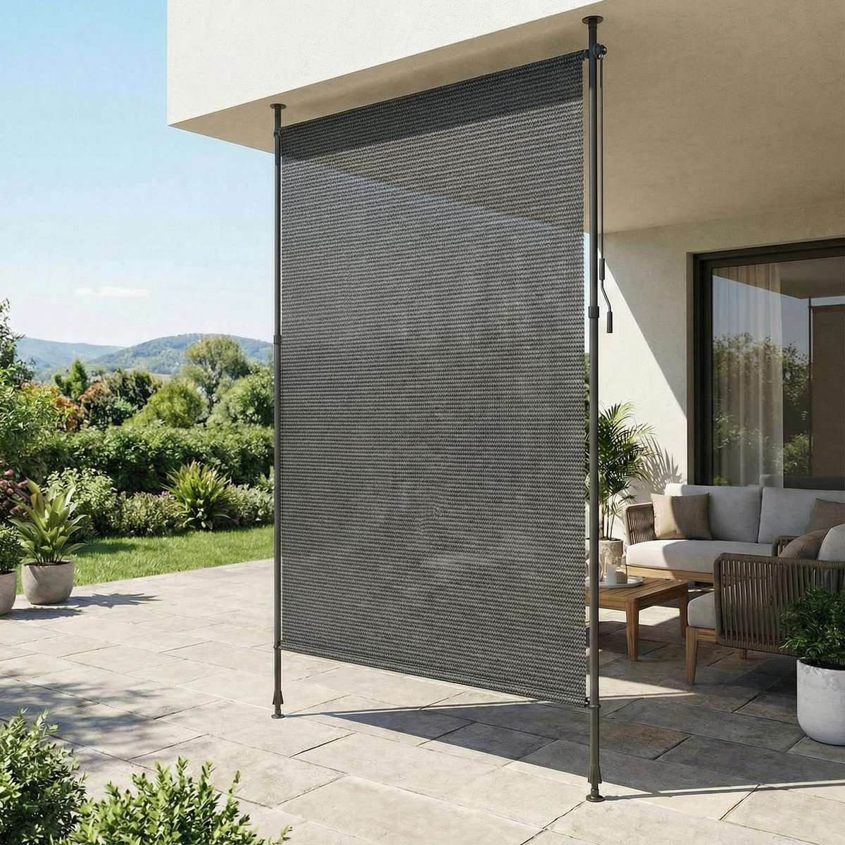 Famanu – Verticale zonwering van HDPE voor balkon en tuin, zonder boren te bevestigen, klemluifel voor inkijkbescherming, 150 x 310 cm, grijs