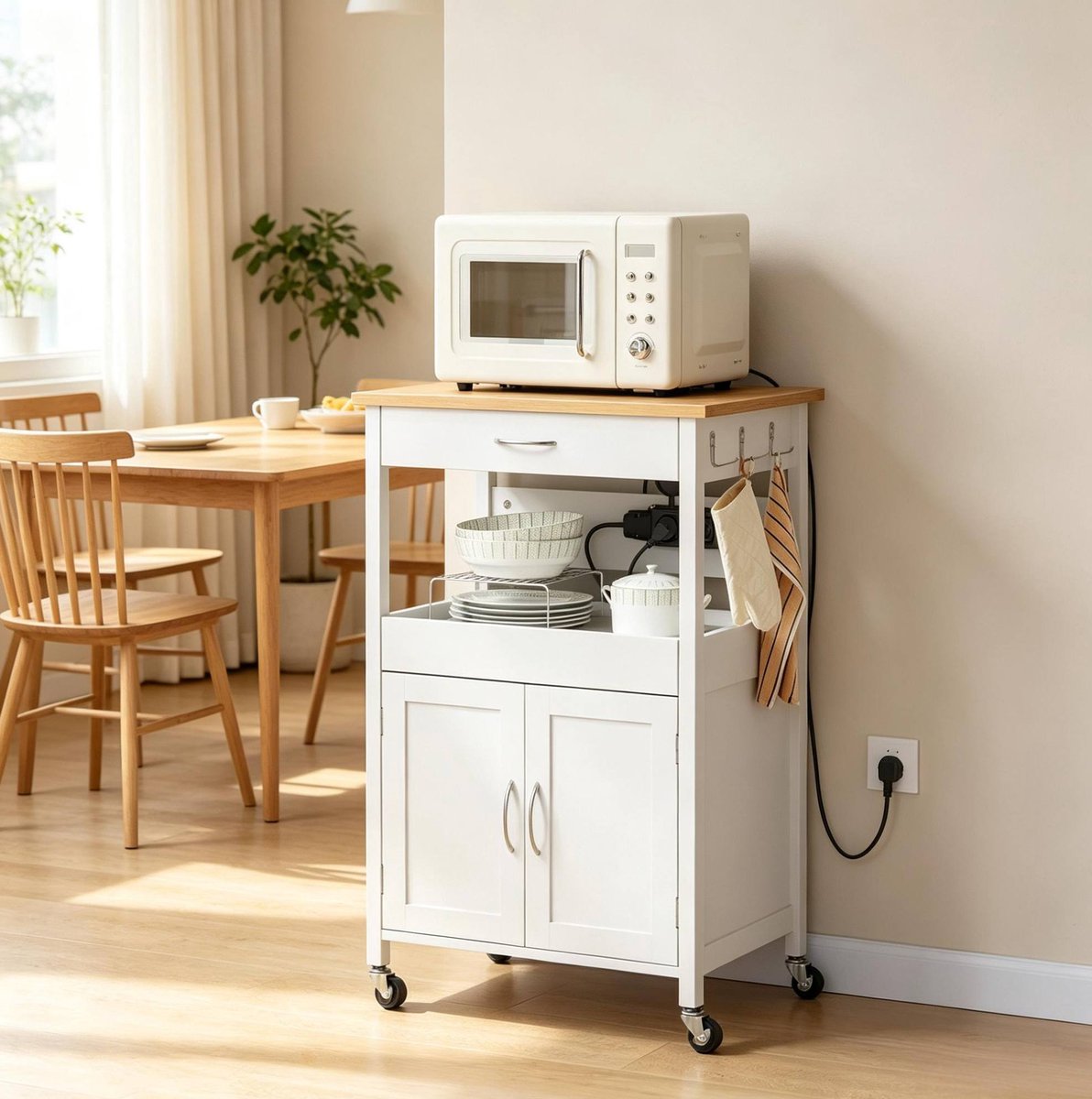 MIVRAY Keukenwagen - Mobiele Keukenisland Met Stopcontacten En Wielen - Opbergruimte Voor Keuken En Woonkamer - MDF - Wit - 60x45x92 Cm