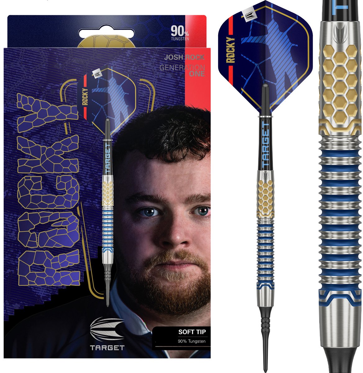 Target Darts Josh Rock Generation 1 Soft Tip Dartpijlen Set 90% Tungsten met Pro Grip Shafts en Pro Ultra Flights - Zwarte Pixel Tips - 20 Gram - Blauw Goud Design